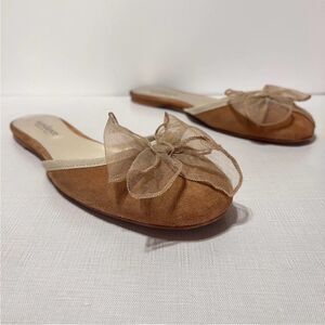 Sundance Karina Suede Mules Flats Slip On Gauze Sheer Bow Camel Tan 38 8 NEW